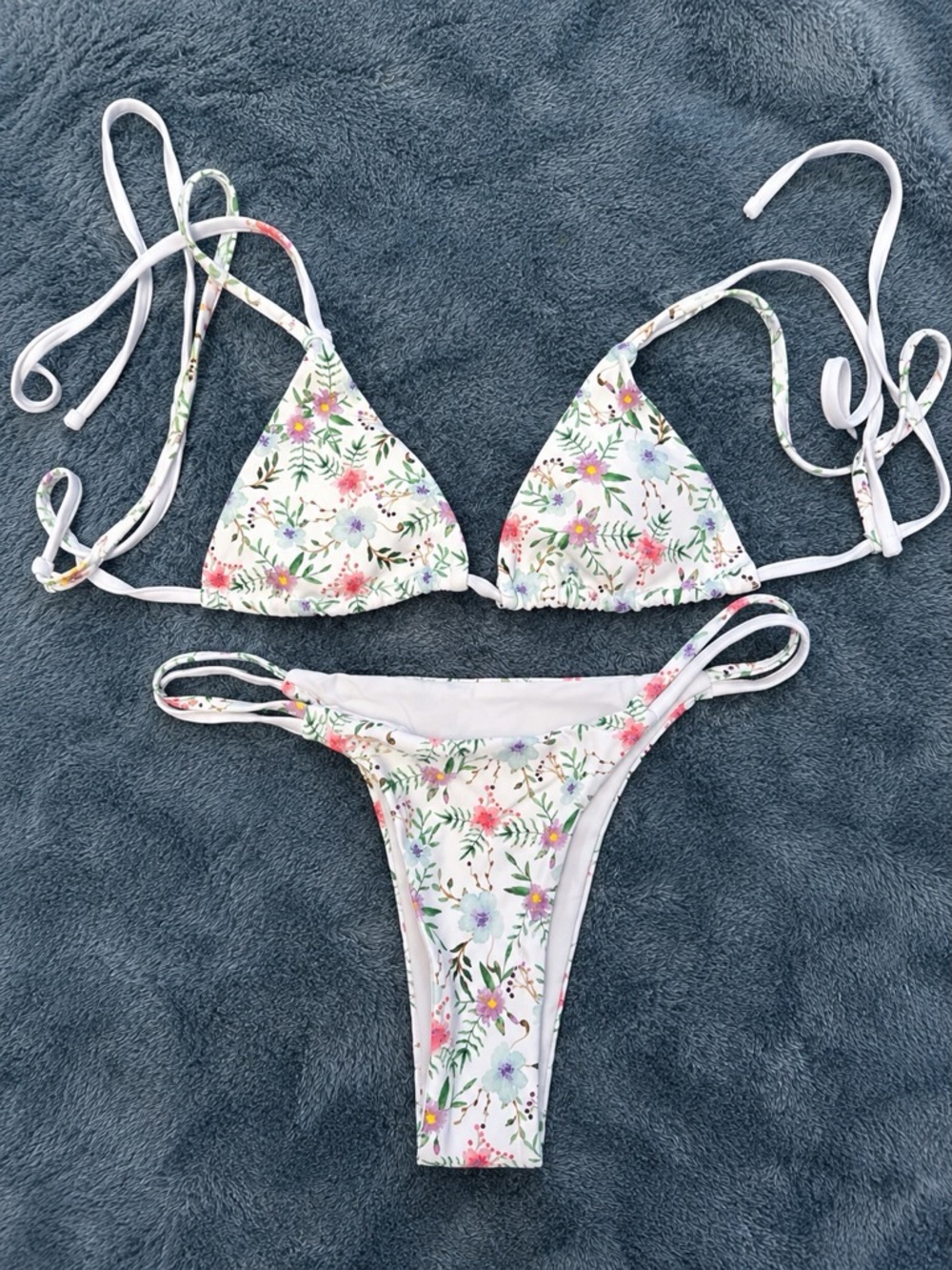 Floral Triangle String Bikini Set - White with Pastel Flower Print
